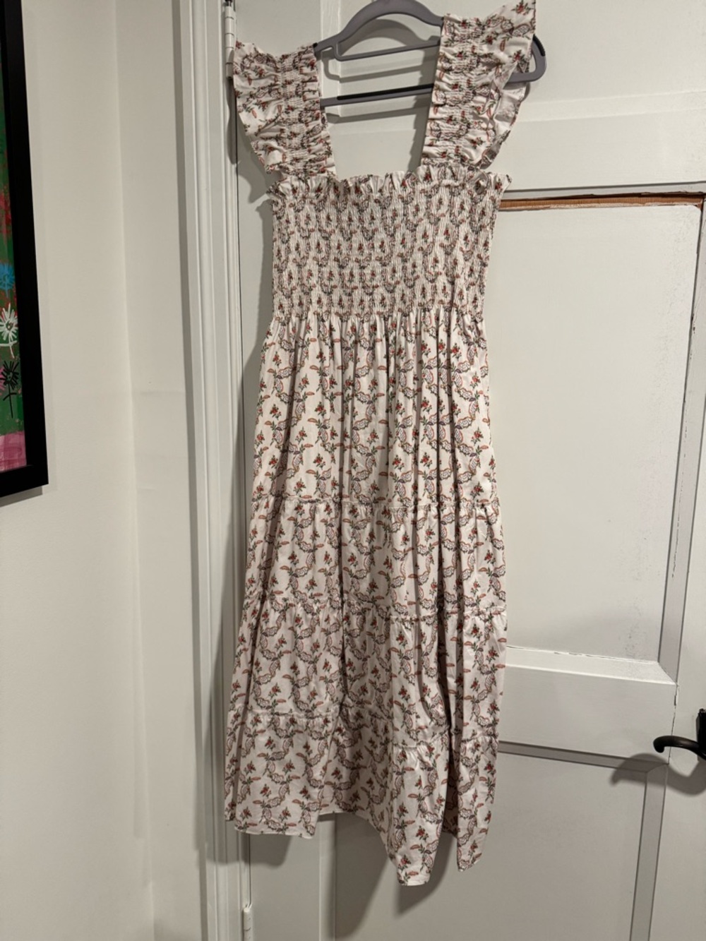 Hill House Floral Smocked Midi Dress in Cream and Rust